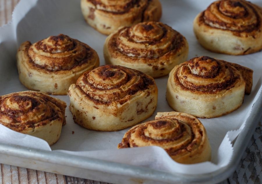 Freshly Made Cinnamon Rolls with Chocolate on Tray