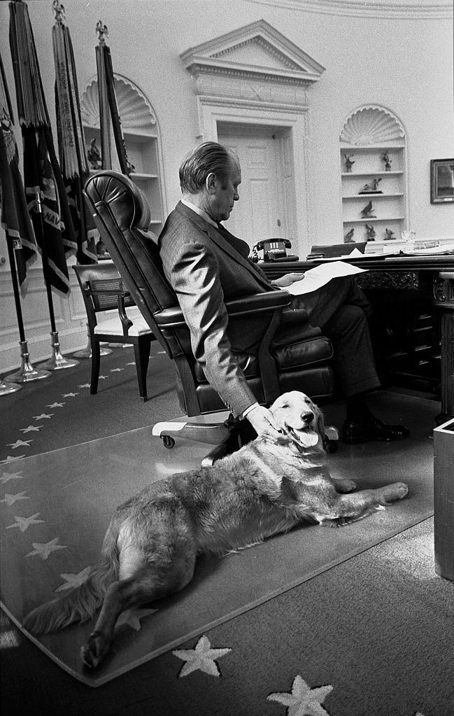 US President Ford and his Golden Retriever Named Liberty in the Oval Office